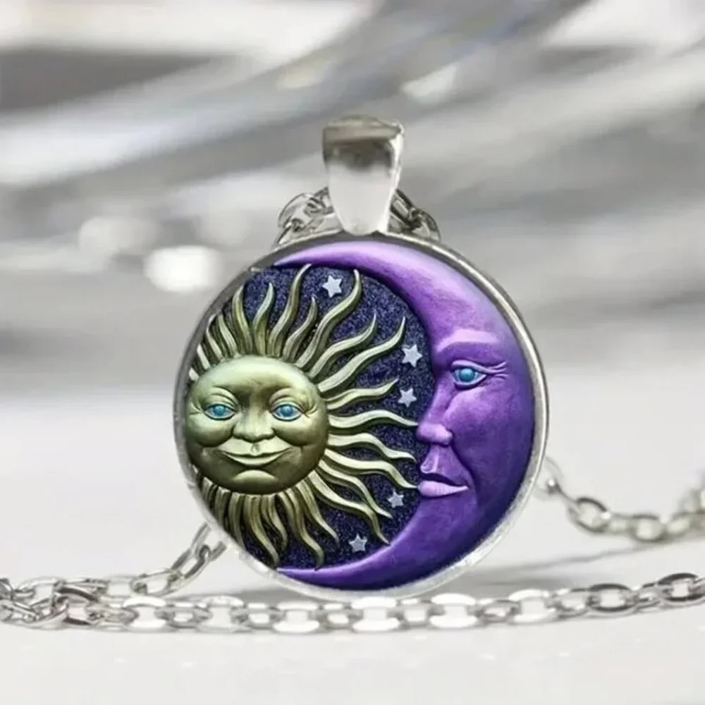 Silver PURPLE CELESTIAL Sun Moon Glass Cabochon Necklace